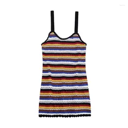 Casual Dresses 2024 Summer Sexy Backless Hollow Crochet Stripes Contrast Colour Sling Dress V-Neck Slim Fashion Miniskirt