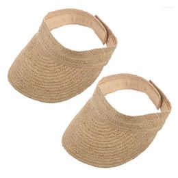 Wide Brim Hats 2X Ladies Anti-Uv Roll Up Sun Visor Hat Women Straw Raffia Caps