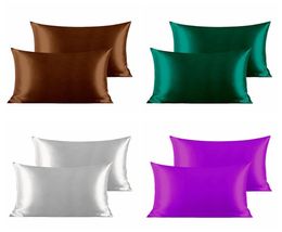 Pure Emulation Silk Satin Pillow Case Comfortable Smooth Solid Colour Bedding Pillowcover White Grey Khaki Pink Sliver 51x76cm ZXFE5277033