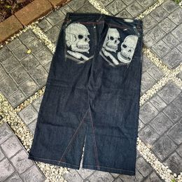 Korean Fashion Street Hip Hop Skull Print High Waist Jeans Mens Y2K Loose Wide Leg Pants Black 240307