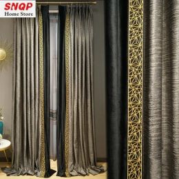 Curtains European Luxury Velvet Curtains for Living Room Dining Blackout Bedroom Tulle Grey Vintage Golden Lace Stitching Custom Elegant