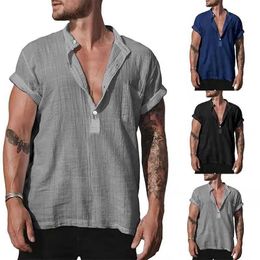Summer oversized mens fit casual thin style solid color linen youth sports stand up collar shirt for men