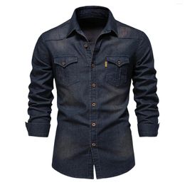 Men's Casual Shirts Denim Y2k Vintage Front Double Pocket Lapel Button Long Sleeve Solid Colour Blouse Fashion Youth Streetwear