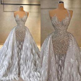 Exquisite Feather Wedding Dress One Shoulder Mermaid Bridal Gowns with Detachable Train Crystal Sequins Bride Dresses Custom Made Plus Size