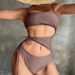 Women's Swimwear Brown Women 2024 High Cut One Piece Bikini Irregular Hollow Out Waist Bathing Suit Backless Maillot De Bain Femme