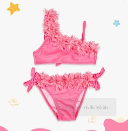 Girls stereo flowers applique two-piece swimsuits children bikini summer beach pool bathing suits kids SPA swimming Z7184