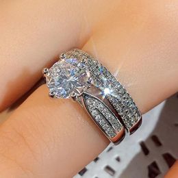 Cluster Rings 18k White Gold Fashion Six Prong Wedding Ring 2pc For Women 1 Diamond Engagement Femme Bride Valentines Gift Girl