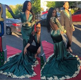Dark Green V Neck Satin Mermaid Prom Dresses 2024 Long Sleeves Gold Appliqued Backless Long Tulle Party Evening Gowns BC1620