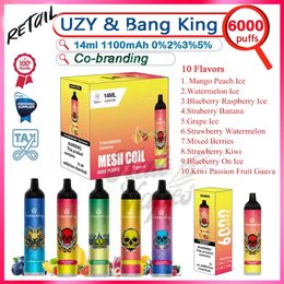 Retail UZY Bang King 6000 Puff Disposable Electronic Cigarette 14ml Pre-filled Pods 850mAh Rechargeable Battery 10 Flavours 0% 2% 3% 5% Level Puffs 6k Vape Pen