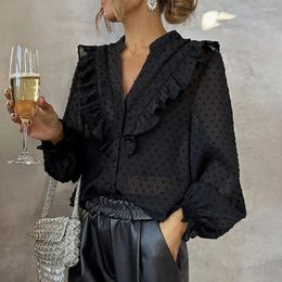 Women's Blouses Lantern Long Sleeve Shirt Stylish With Ruffle Trim Dot Print Casual V-neck Single For Streetwear