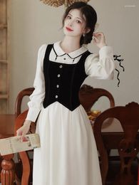 Work Dresses Vintage Dress Set For Women Square Neck Black Velvet Vest French Hepburn Elegant Casual Outfits Autumn Clothes