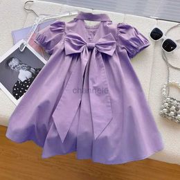 Girl's Dresses Summer girls line A princess dress patch with bow short sleeve buffy sleeves clothes for Korean children without back vestibule from 4 to 16 years 240315
