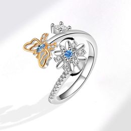 Tik Tok Same Style Daisy Rotating Butterfly for Women Adjustable Open Flower Zircon Ring Set