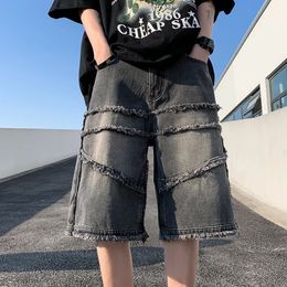 American High Street Mens Wide Leg Denim Shorts Summer Fashion Casual Baggy Short Jeans Male Chic Burrs Clothes 240311
