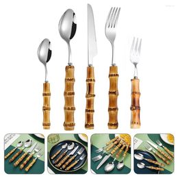 Flatware Sets Bamboo Cutlery Set Portable Utensils Cauldron Cup Fork Spoon Kit Steak Tableware Stainless Steel Western