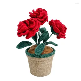 Decorative Flowers 2024 Hand-knitted Rose Flower Crochet Hand-woven Potted Plant Desktop Ornaments Car Decoration Handicraft Mother Day