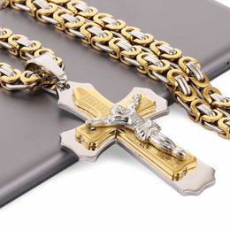 Multilayer Cross Christ Jesus Pendant Necklace StainlSteel Link Byzantine Chain Heavy Men Jewellery Gift 21 65 6mm MN78 X0707286m