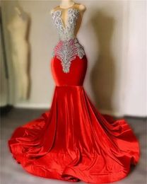 Sparkly Red Velvet Mermaid Prom Dresses 2024 Beading Sheer Neck Plus Size Formal Graduation Party Dress Robe De Bal BC18249