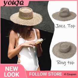 Womens Raw Edge Seaweed Straw Hat Wide Brim Jazz Top Flat Eaves Beach Spring Summer Parama Travel Shade Sun 240315
