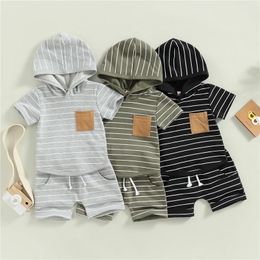 Toddler Baby Boys Summer Clothing Outfits Stripes Short Sleeve Hooded Sweatshirt and Casual Elastic Drawstring Shorts Set 240313