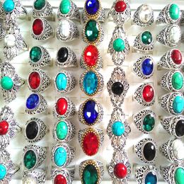 Whole 50PCS Top Mixed Noble Big Stone Rings Turquoises & Clear Crystal Women's Men's Exquisite Elegant Finger Ring B310y