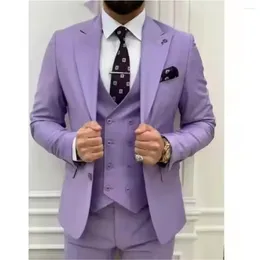 Men's Suits Elegant 3 Pieces Light Purple Full Set Single Breasted Peaked Lapel Wedding Groom Outwear (Jacket Pants Vest)