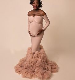 Chic Blush Pink Ruffles Maternity Robes Women Long Sleeve Poshoot Fluffy Tiered Dress Formal Event Overlay Sleepwear 20215570084