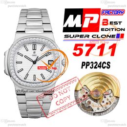 5711/1A CAL A324SC Automatic Mens Watch MPF Diamonds Bezel White Texture Dial Stick Markers Stainless steel bracelet Super Edition Reloj Hombre Puretimewatch PTPP