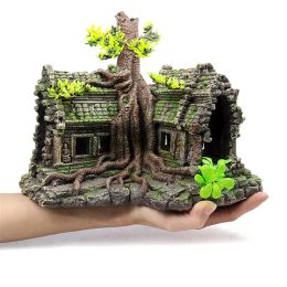 Decorations Aquarium Decorative Stone House With Root Ornament Water Tank Fish Shelter Shrimp Hideaway Aquatic Pet Refuge Reptile Building