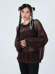 Women's T Shirts Women Hollow Out Crochet Knit Sweaters Tops Casual Solid Colour Long Sleeve Round Neck Cover Up Pullover Jumpers Streetwear