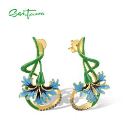 SANTUZZA 925 Sterling Silver Dangling Earrings For Women Blue Stone Green Flower Enamel Elegant Weeding Fine Jewellery 240311