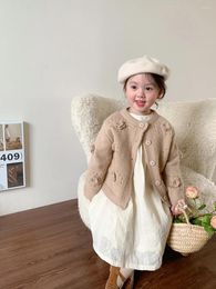 Jackets Autumn Children Long Sleeve Sweater Coat Baby Girl Solid Casual Knitwear Toddler Flower Knitted Cardigan Jacket Kids Clothes