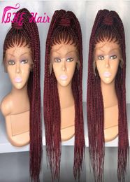 High quality Long box Braid Wig Braiding synthetic lace front wig blackburgundy red Colour cornrow braids lace wigs For Black Wome5510180