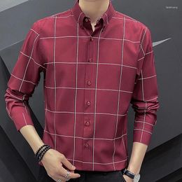 Men's Dress Shirts High Quality T Shirt For All-match Checkered Man Long Sleeved Trendy Handsome Business Casual Tops Gentleman