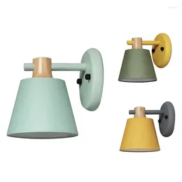 Wall Lamp Modern Macaron Color Fabric Shade Oak Wood Iron Arm Sconce Bedside Kitchen El Restaurant