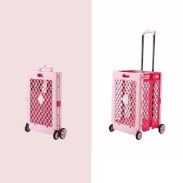 Baskets Folding Trolley Portable Lightweight Cart Basket with 4 Wheels Telescopic Aluminium Alloy Rod 65L Capacity for Outdoor Shopping