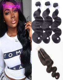 Indian 9A Human Hair Extensions With Middle Part Baby Hair 26 Lace Closure Body Wave Bundles With Closures Weaves9356003