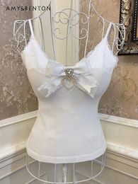 sweet Girl Fairycore Cute Bow Pearl Heart Diamond Short Sling Women Lace V-neck Slim Fit Sexy White Tanks with Chest Pad Tops 240315