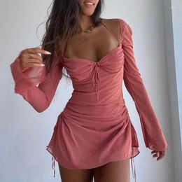 Casual Dresses Boho Beach Holiday Mini Dress Chic Women Elegant Club Party Outfists Fairycore Y2K Mesh Flare Sleeve Drawstring Ruched