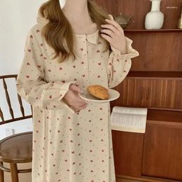 Women's Sleepwear Heart Print Womens Korean Ruffles Night Dress Nightgown One Piece Pajamas Spring Long Sleeve Home Wear Sleeping 2024