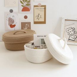 Baskets Woven Rope Basket Sundries Storage Basket with Lid Handles Decorative Cosmetic Organiser Bin for Home Room Dresser Bedside