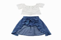 Retail 3PCS Cute Toddler Girl Sets Off Shoulder Lace White TShirts Tops Blue Denim Shorts AnkleLength Dress Outfits 15T MN0014113265