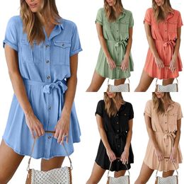 Casual Dresses Women's Summer Button Down Shirt Dress V Neck Short Sleeve Belted Pocket Womens Floral