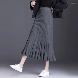 Skirts Autumn And Winter Women's Solid Colour Pleated Knitted A-Line Elastic Shirring Fashion Casual All Match Office Lady Skirt