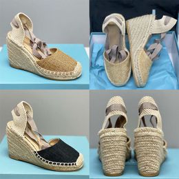 Designer Women Wedge Sandals Espadrilles High Heels Leather Platform Heels Ankle Lace-up Sandal Summer Fashion Straw Shoes With Box 536