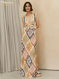 Work Dresses Clacive Sexy Slim Print 2 Piece Sets Women Outfit 2024 Summer Sleeveless Tank Top With High Waist Maxi Skirts Set Female
