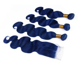Peruvian Dark Blue Human Hair 3Bundles with Lace Closure 4x4 Body Wave Wavy Virgin Peruvian Blue Coloured Human Hair Weaves Weft Ex6405135