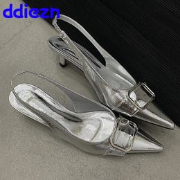 Silver Pointed Toe Ladies Heels In Shoes Buckle Female Slingbacks Sandals Fashion Metal Women Low Heel Slides Shoes 240312