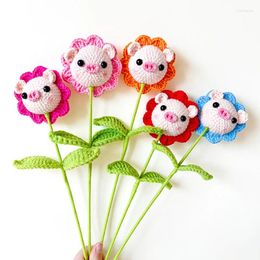 Decorative Flowers Finished Pig Crochet Flower Artificial Hand Knitted Bouquet Homemade Fake Wedding Party Valentine's Day Gifts