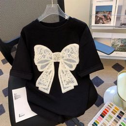 Women's T Shirts EBAIHUI Women Nail Bead Design T-shirt Bow Black Embroidery Patch Ladies Shirt Spring Autumn Versatile Loose Round Neck